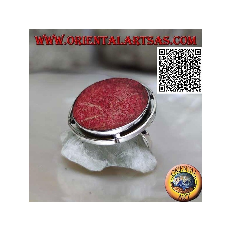 Silberring mit runder roter Madrepora (Koralle) in der verstellbaren durchbrochenen Scheibe (Freesize)