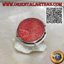 Anillo de plata con madrépora roja redonda (coral) en el disco calado ajustable (tamaño libre)