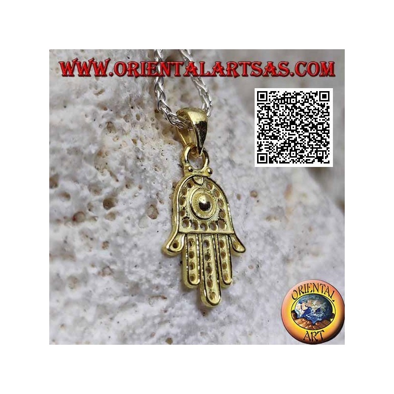 Ciondolo in argento mano di Fatima con decorazione a pallini traforati placcata in oro