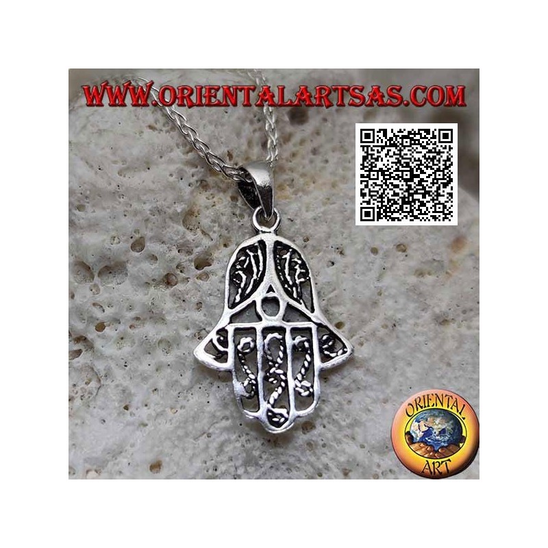 Hand of Fatima silver pendant with thin perforated internal decorations