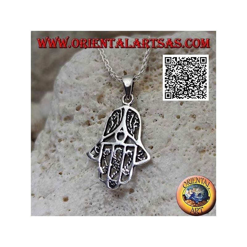 Hand of Fatima silver pendant with thin perforated internal decorations