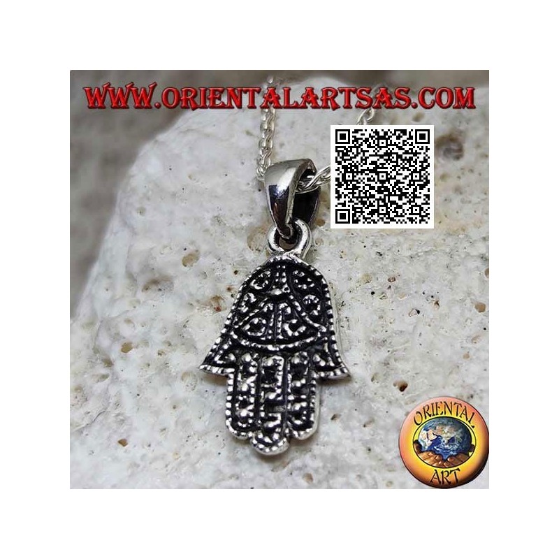 Colgante de plata de la mano de Fátima Hamsa con decoración en bajorrelieve