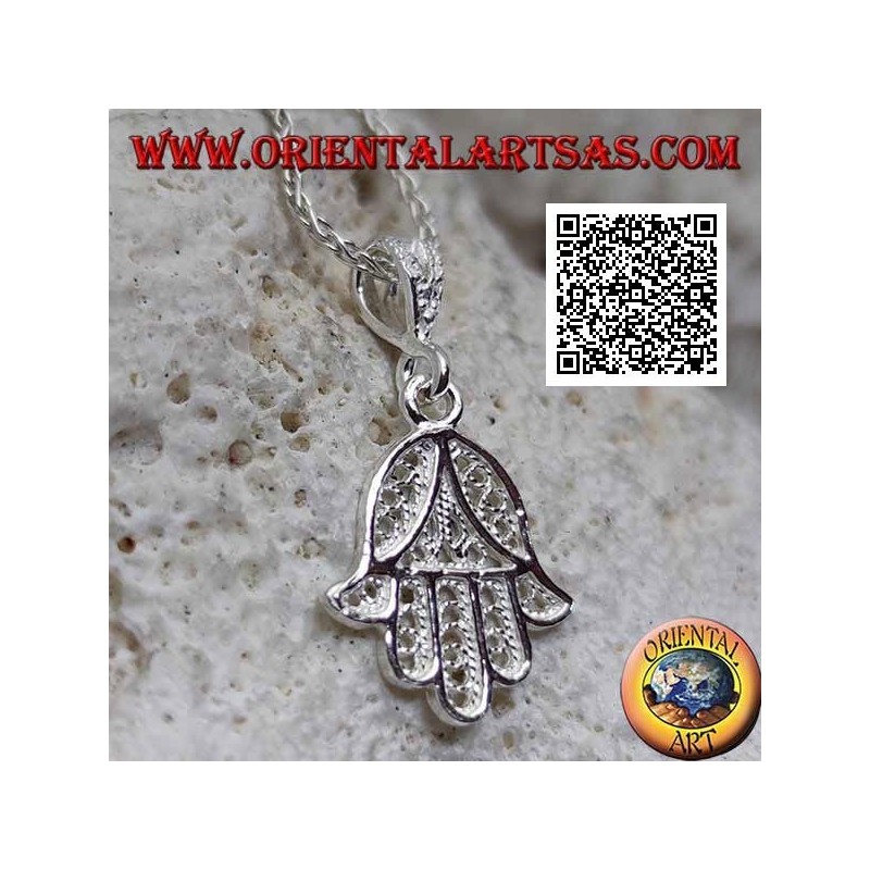 Ciondolo in argento mano di Fatima piccola con decoro orientale traforato (non ossidato)