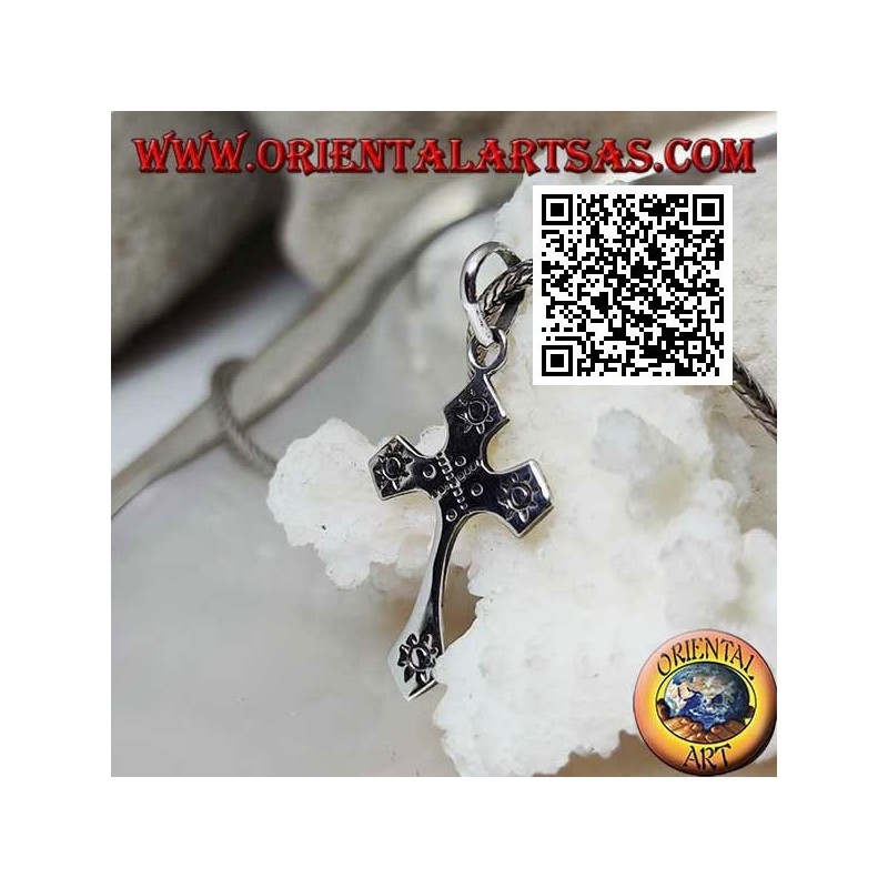 Silver cross pendant with sun engraved on the four ends