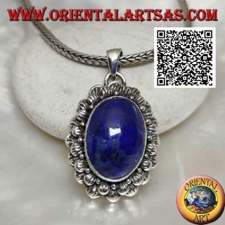 Ciondolo in argento con lapislazzulo naturale ovale cabochon con doppio contorno di palline rigate
