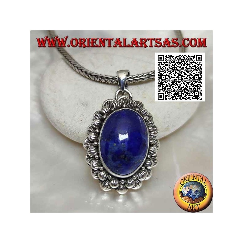 Silver pendant with natural oval cabochon lapis lazuli with double contour of striped balls