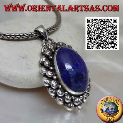 Silberanhänger mit natürlichem ovalem Cabochon Lapislazuli mit doppelter Kontur aus gestreiften Kugeln