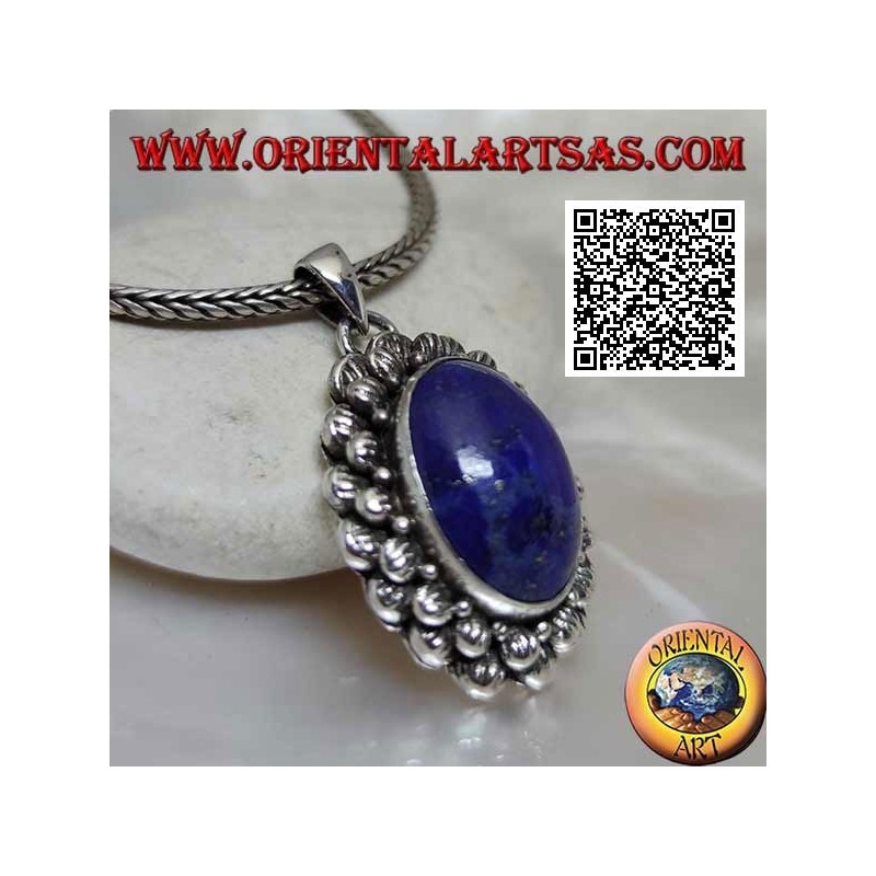 Ciondolo in argento con lapislazzulo naturale ovale cabochon con doppio contorno di palline rigate