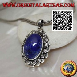 Silberanhänger mit natürlichem ovalem Cabochon Lapislazuli mit doppelter Kontur aus gestreiften Kugeln