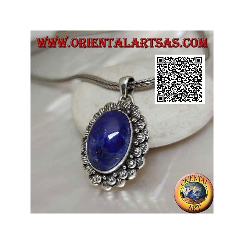 Silver pendant with natural oval cabochon lapis lazuli with double contour of striped balls