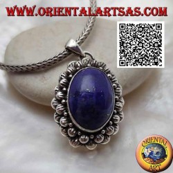 Silver pendant with natural oval cabochon lapis lazuli with double contour of striped balls