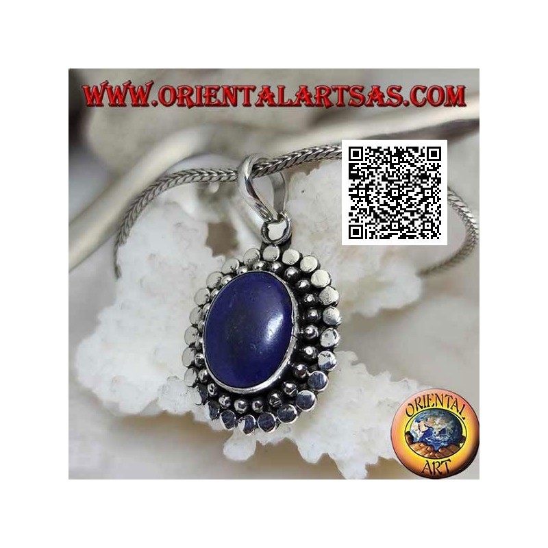 Pendentif en argent avec lapis lazuli ovale naturel entouré de boules et de disques (b)