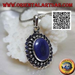 Silver pendant with natural oval lapis lazuli surrounded by balls and discs (b)