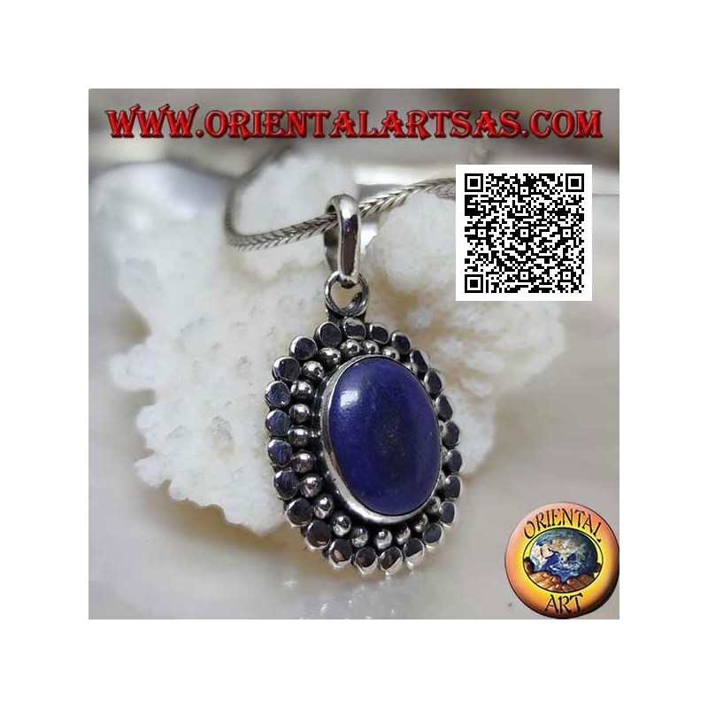 Silver pendant with natural oval lapis lazuli surrounded by balls and discs (b)