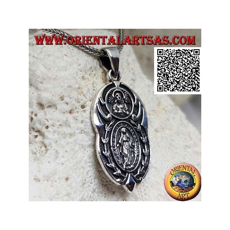 Silver pendant oval medal "apparition of the Madonna" under the "Christ with crown radiata del Sol Invictus"