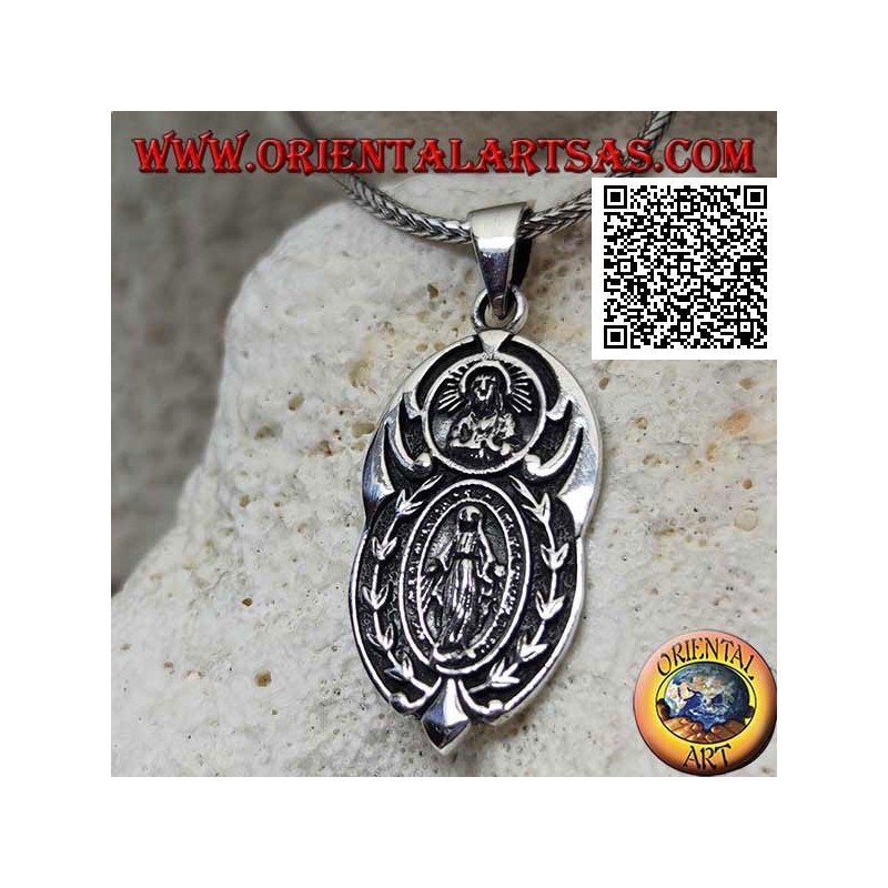 Ciondolo in argento medaglia ovale "apparizione della Madonna" sotto il "Cristo con corona radiata del Sol Invictus"