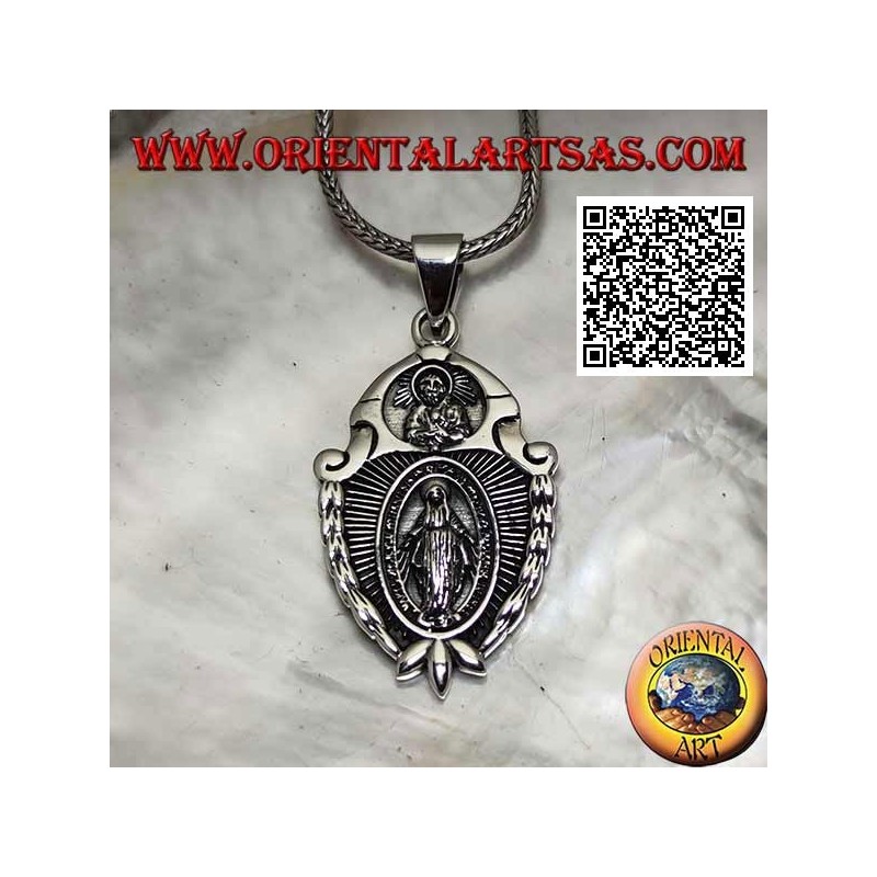 Escudo colgante de plata medalla "aparición de la Virgen" bajo el "Cristo con corona radiata del Sol Invictus"