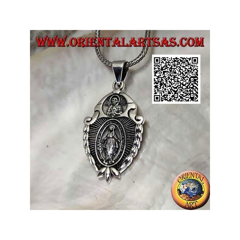 Ciondolo in argento medaglia scudo "apparizione della Madonna" sotto il "Cristo con corona radiata del Sol Invictus"