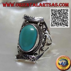 Silver ring with antique oval Tibetan turquoise in Nepalese setting with openwork on the sides