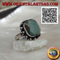 Silver ring with antique Tibetan turquoise square beveled surrounded by balls