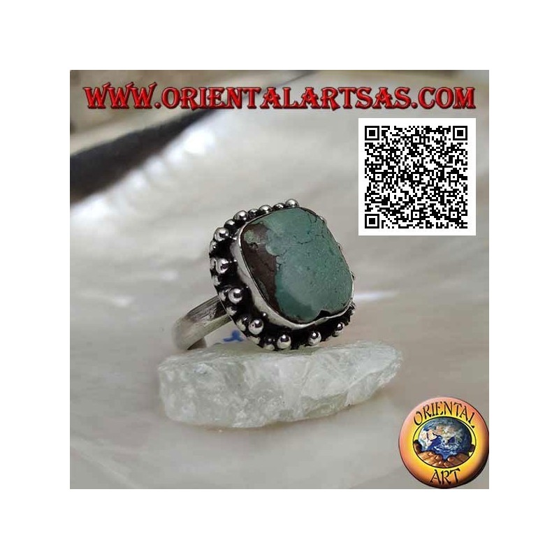 Silver ring with antique Tibetan turquoise square beveled surrounded by balls