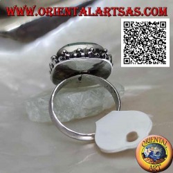 Silver ring with antique Tibetan turquoise square beveled surrounded by balls