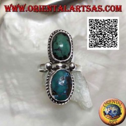 Bague en argent avec spéculaire ovale turquoise tibétain antique entouré de points