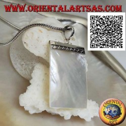 Flat rectangular mother-of-pearl pendant attached to a silver plate with triangles