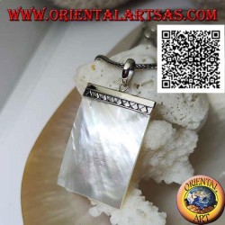 Flat rectangular mother-of-pearl pendant attached to a silver plate with triangles