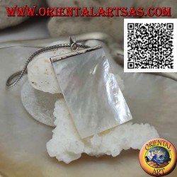 Flat rectangular mother-of-pearl pendant attached to a silver plate with triangles