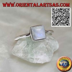 Silver ring with a square blue fluorescence white labradorite in a smooth setting