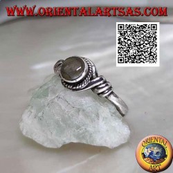 Silver ring with round labradorite in the center of a coiled wire
