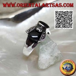 Noeud papillon en argent avec onyx ovale central et onyx et marcssite sur les côtés