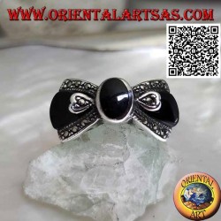 Noeud papillon en argent avec onyx ovale central et onyx et marcssite sur les côtés