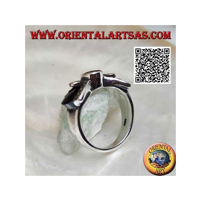 Noeud papillon en argent avec onyx ovale central et onyx et marcssite sur les côtés