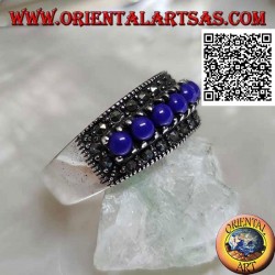 Silver ring with a row of lapis lazuli balls set surrounded by marcasite