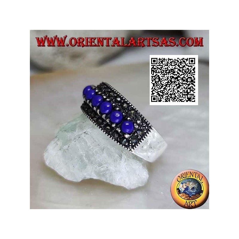 Anillo de plata con una fila de bolas de lapislázuli engastadas rodeadas de marcasita