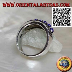 Silver ring with a row of lapis lazuli balls set surrounded by marcasite