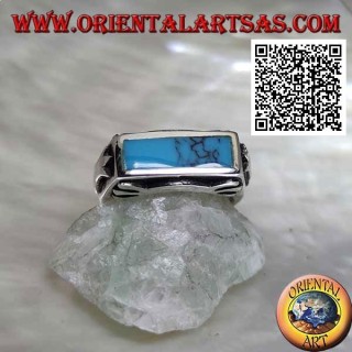 Rectangular turquoise silver ring flush with the edge with smooth decoration on all four sides