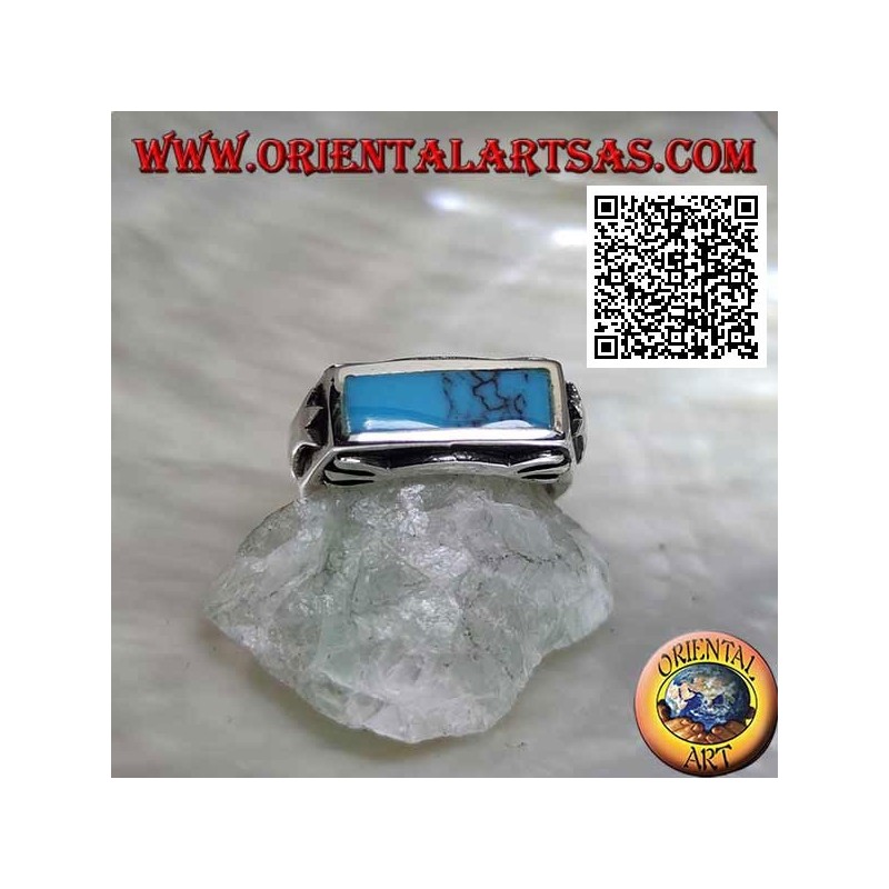 Bague rectangulaire en argent turquoise au ras du bord avec décoration lisse sur les quatre côtés