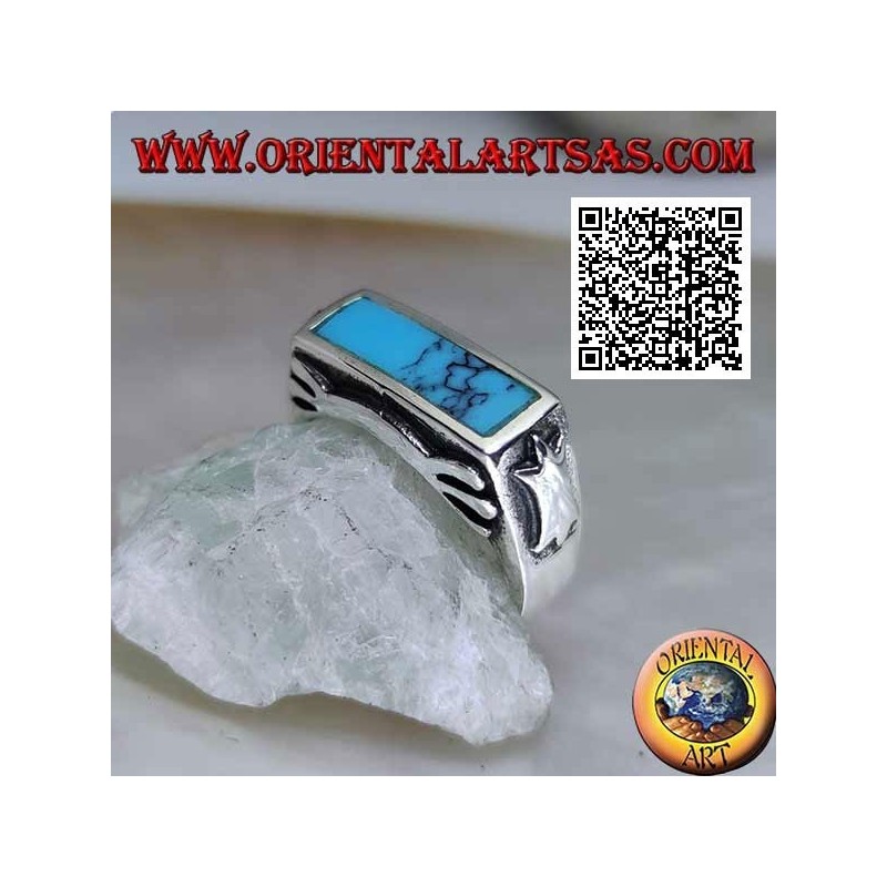 Rectangular turquoise silver ring flush with the edge with smooth decoration on all four sides