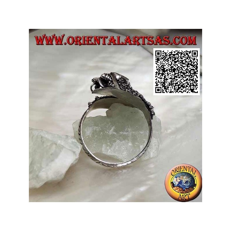 Anillo de plata de doble cabeza de dragón nepalí con granate ovalado y placa de oro de 14 quilates, hecho a mano