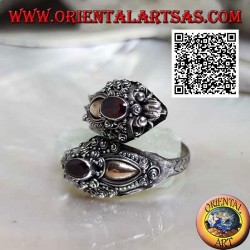 Nepalese dragon double head silver ring with oval garnet and 14 karat gold plate, handmade