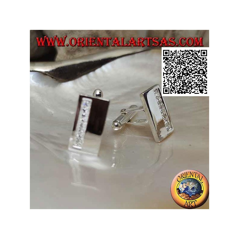 Gemelos rectangulares lisos en plata 925 ‰ con banda de circonitas blancas