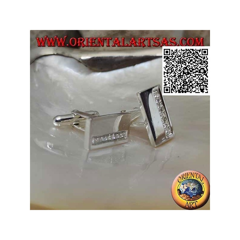 Boutons de manchette rectangulaires lisses en argent 925 ‰ avec bande de zircons blancs