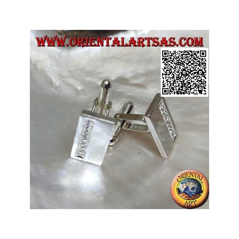 Smooth rectangular cufflinks in 925 ‰ silver with white zircons band
