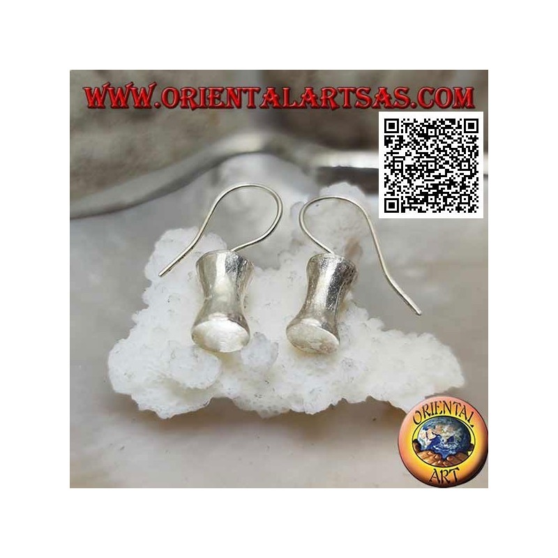 Satin silver pendant earrings with concave cylinder in the central part