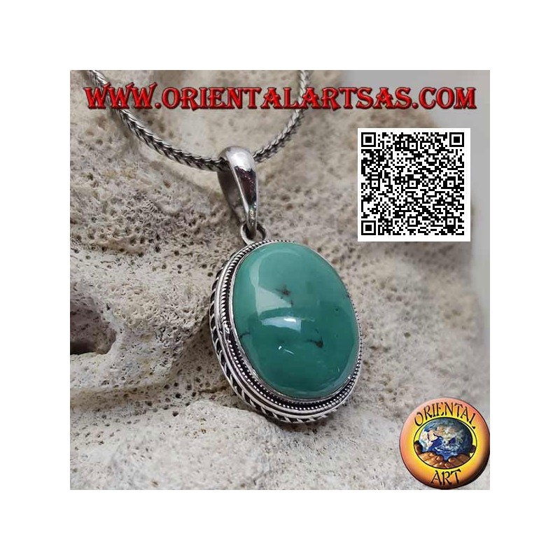 Silver pendant with antique turquoise cabochon oval surrounded by helical weave