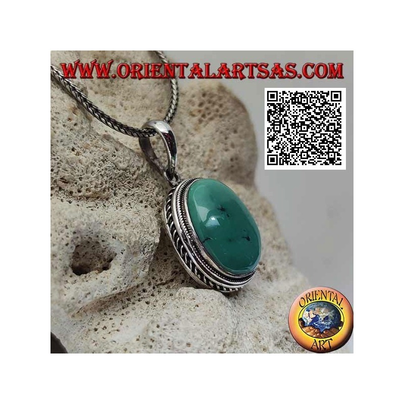 Silver pendant with antique turquoise cabochon oval surrounded by helical weave