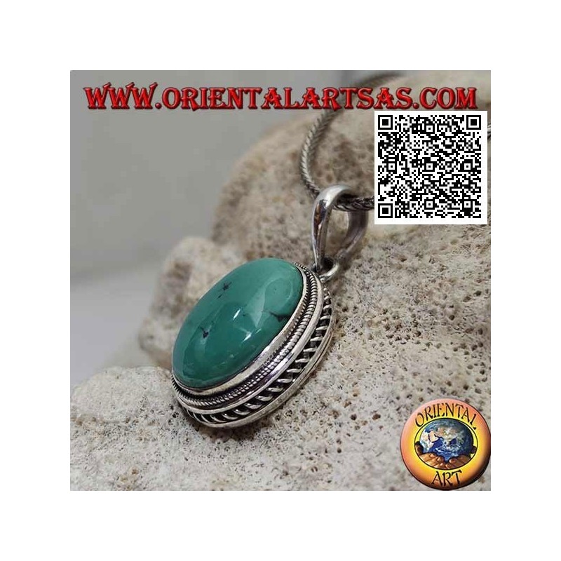 Silver pendant with antique turquoise cabochon oval surrounded by helical weave